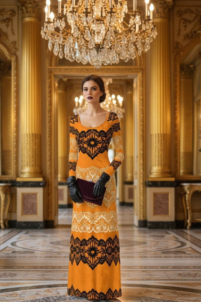 Luxury gold velvet evening gown with intricate black lace patterns worn by model in elegant ballroom
