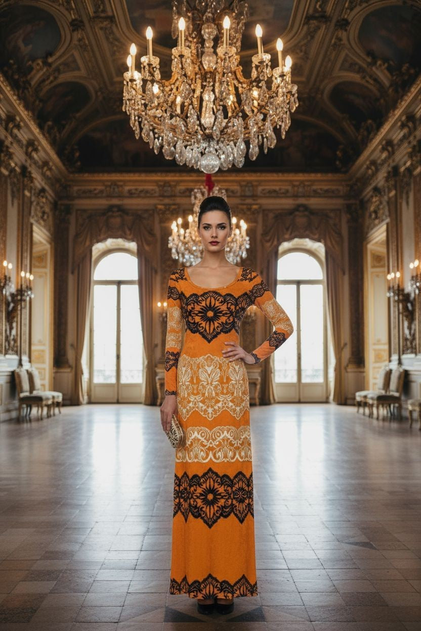Woman wearing luxury gold velvet evening gown with black lace patterns in elegant grand hall