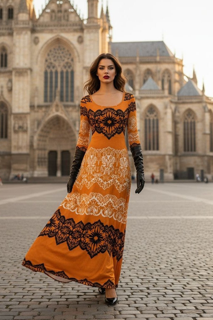 Luxury gold velvet evening gown with black lace details worn by model in historic square