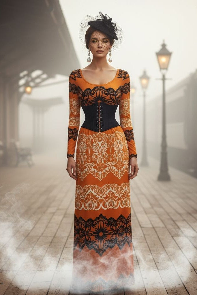 Angelic Blessings Shop luxury gold velvet evening gown with black lace details and long sleeves