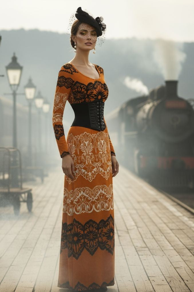 Angelic Blessings Shop long sleeve dress with intricate black lace patterns on orange fabric at train station