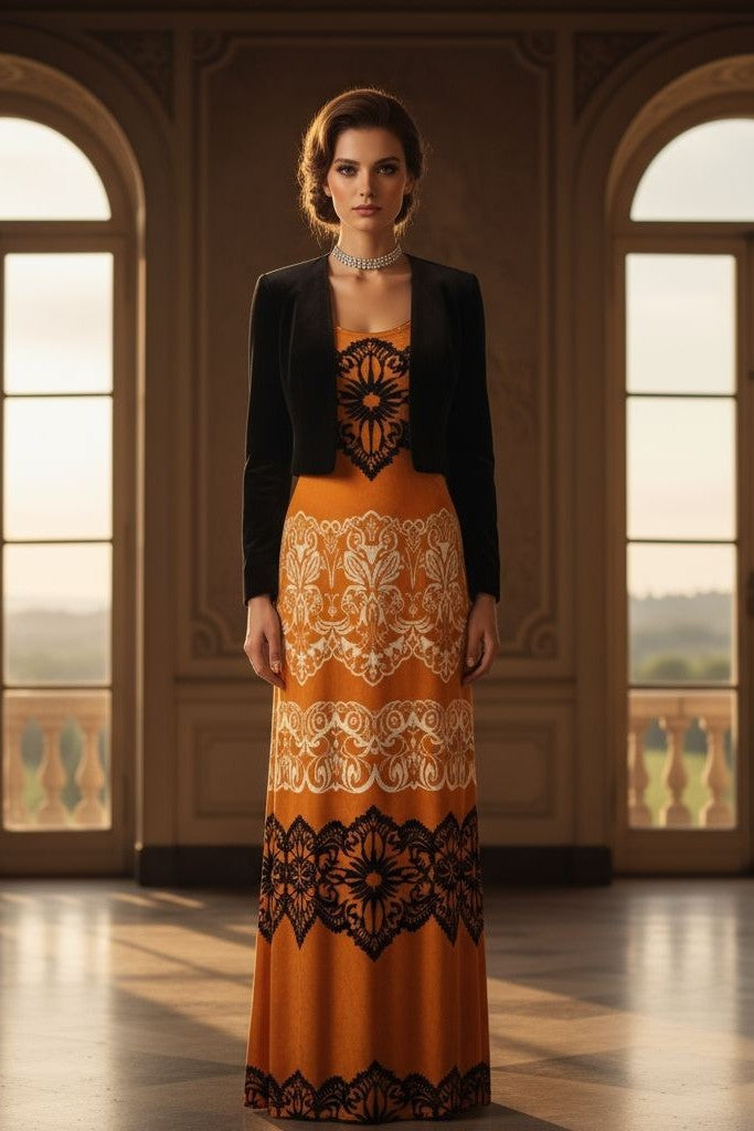 Luxury gold velvet evening gown with black and white lace details from Angelic Blessings Shop