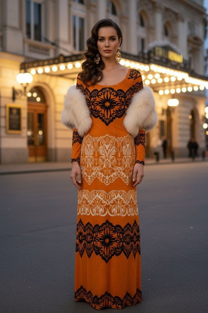 Luxury gold velvet evening gown with black intricate patterns and white fur stole by Angelic Blessings Shop