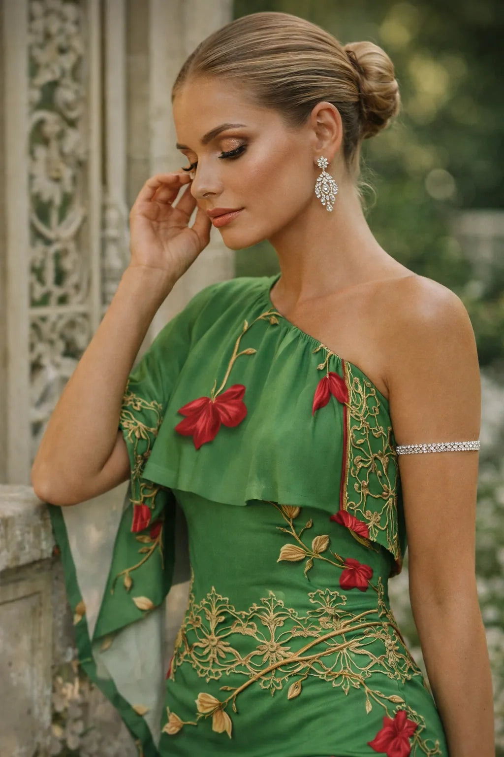 Angelic Blessings Shop green one-shoulder evening dress with red floral embroidery and elegant drape