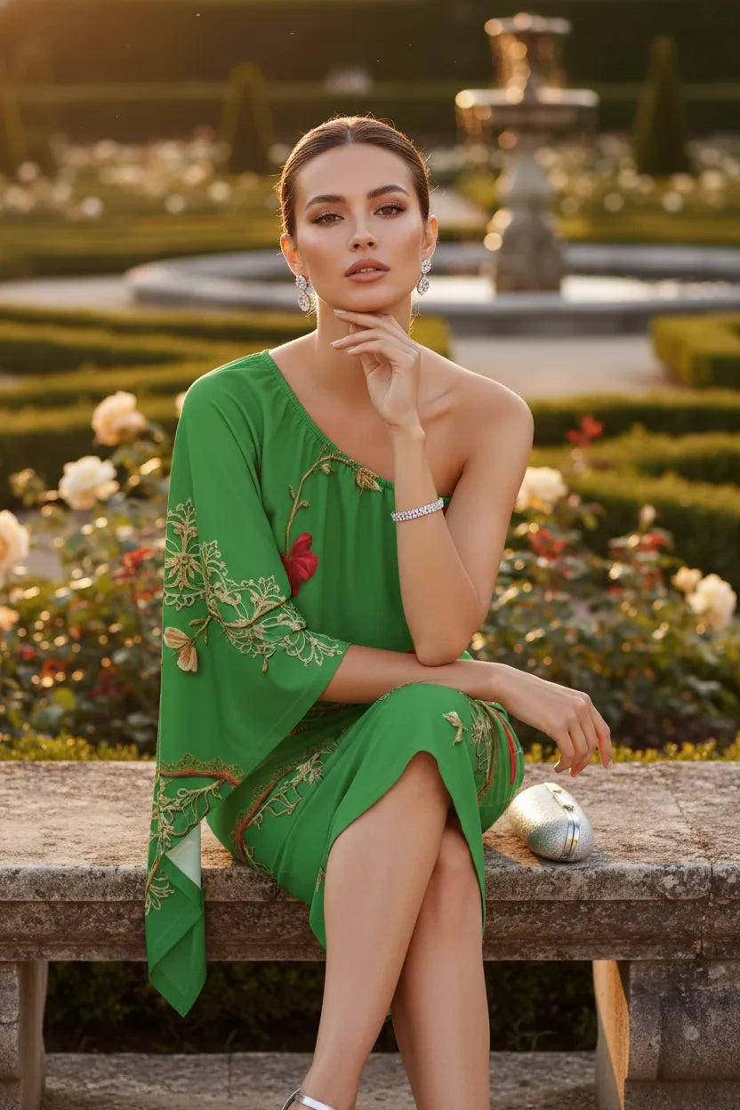 Green one-shoulder evening dress with floral embroidery worn by a woman sitting on a stone bench in a garden