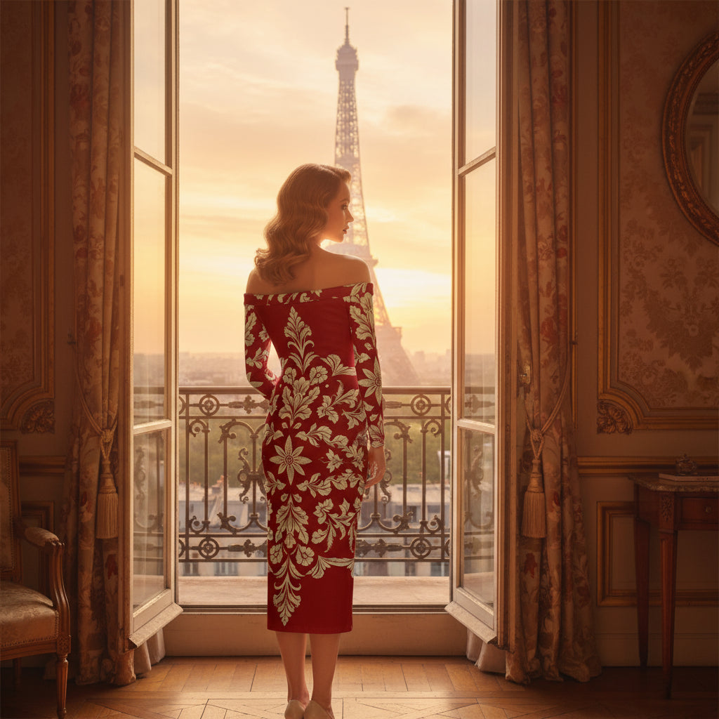 Woman wearing a luxury old-money style dress with gold floral patterns standing by a Paris balcony