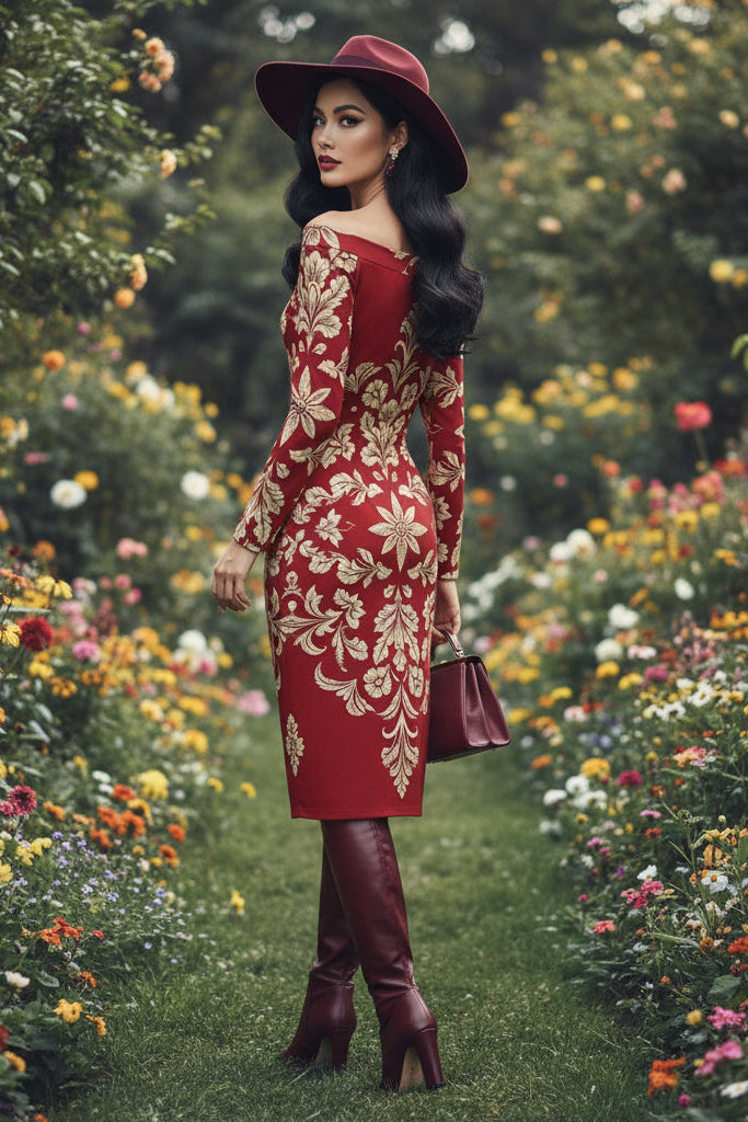 Woman wearing a luxury old-money style dress in red with gold floral embroidery and matching hat in garden
