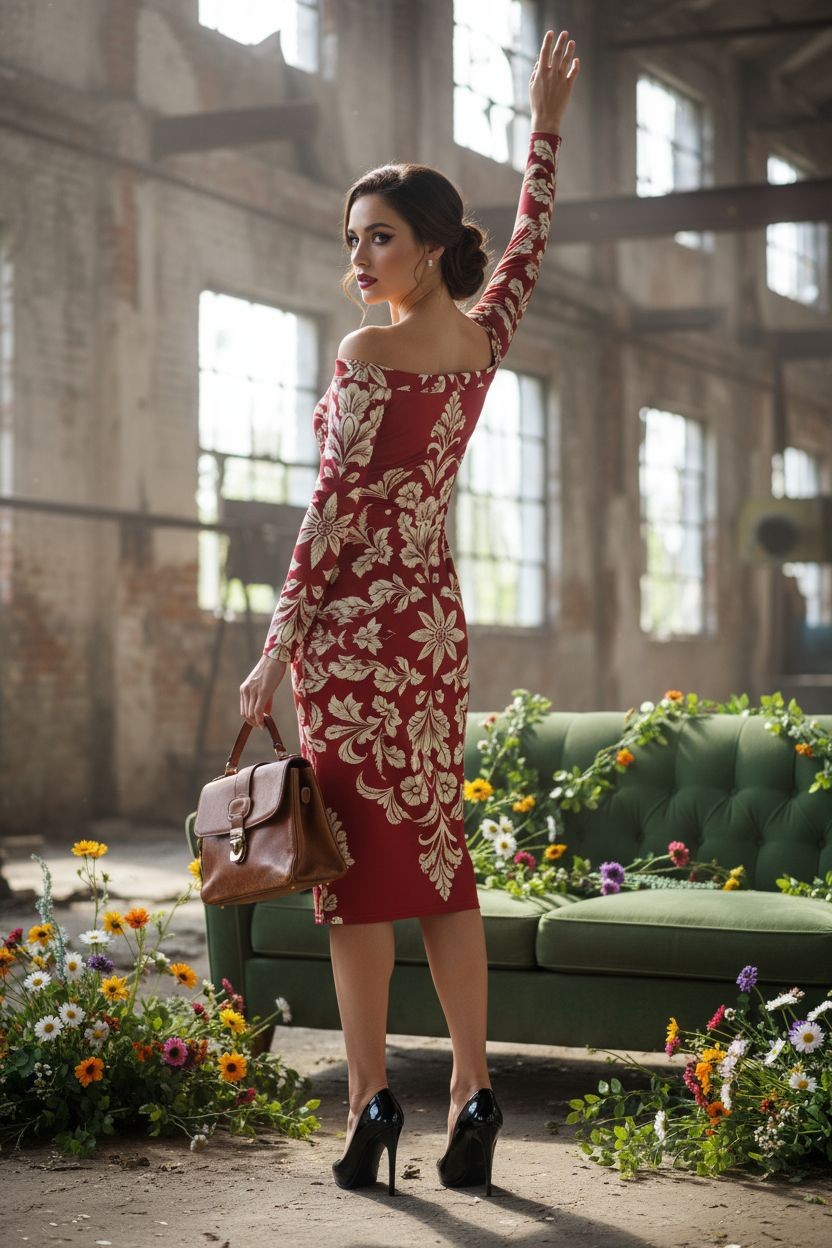 Woman wearing a luxury old-money style dress in red with intricate white floral patterns holding a brown handbag