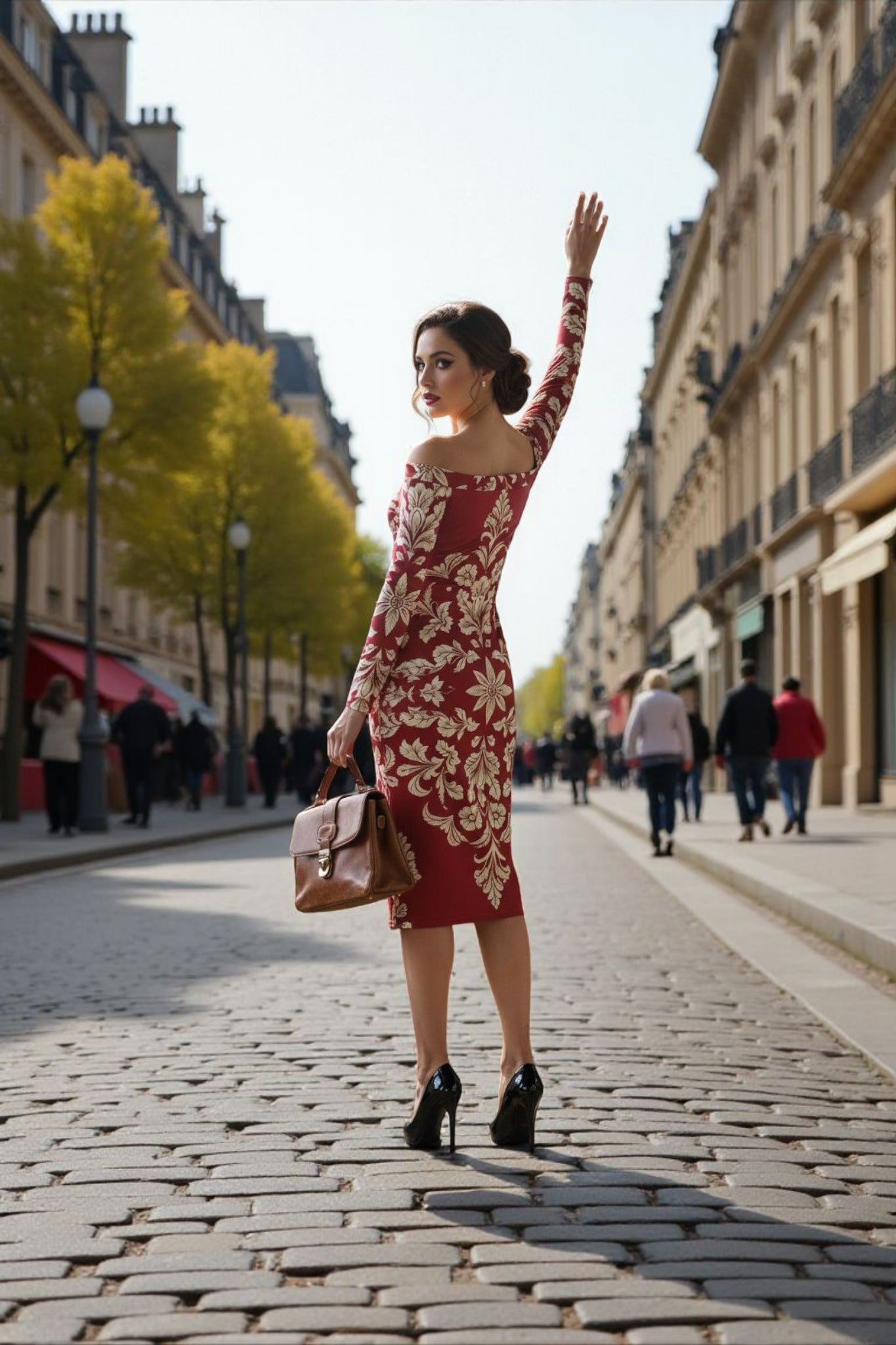 Woman wearing a luxury old-money style dress with floral patterns walking on a city street