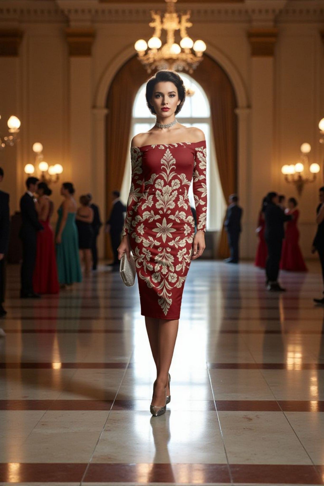 Woman wearing a luxury old-money style dress red with gold embroidery in an elegant ballroom