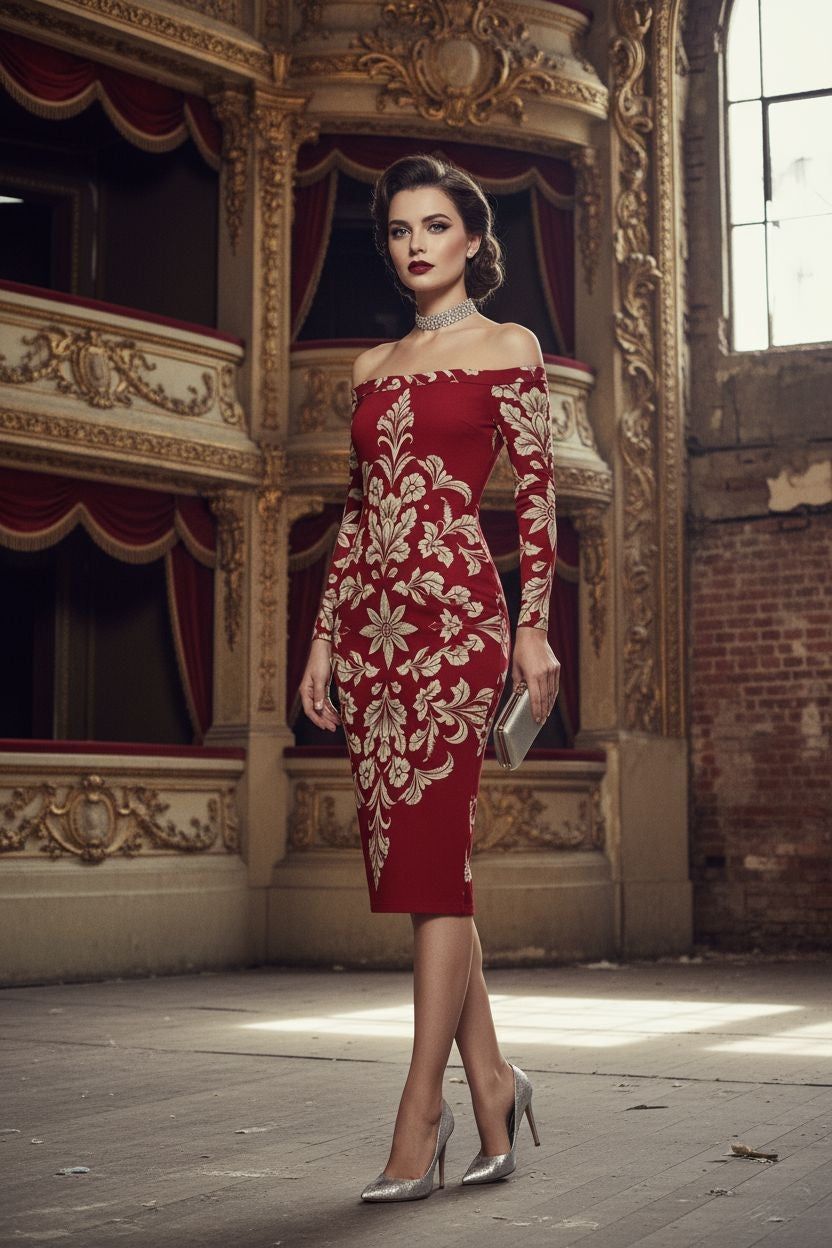 Model wearing a luxury old-money style dress in deep red with gold floral embroidery and silver heels