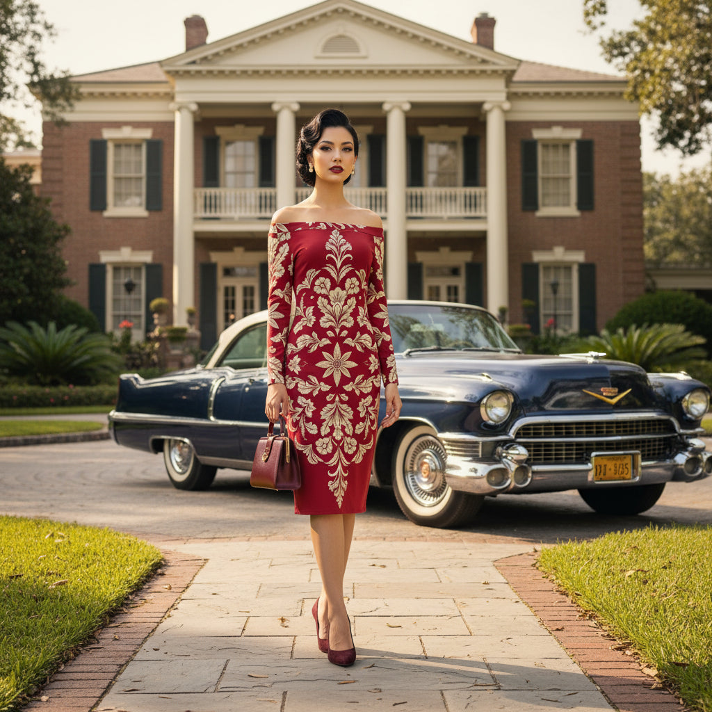 Woman wearing luxury old-money style dress in red with gold embroidery standing in front of classic car and mansion