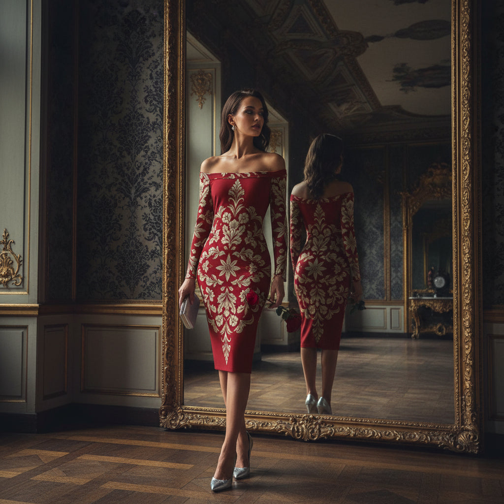 Red luxury old-money style dress with gold floral patterns worn by woman in elegant room