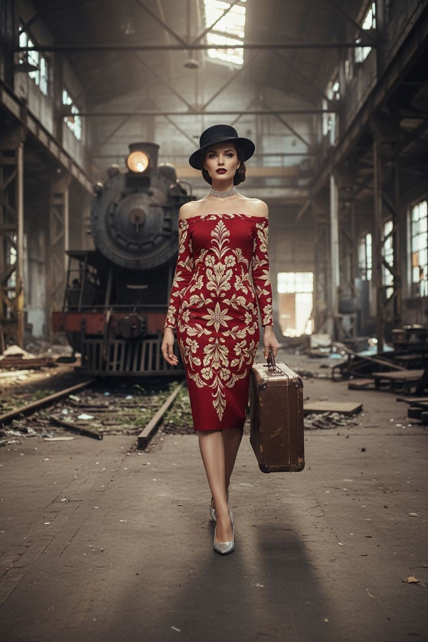 Woman wearing a luxury old-money style dress in red with gold embroidery holding a vintage suitcase