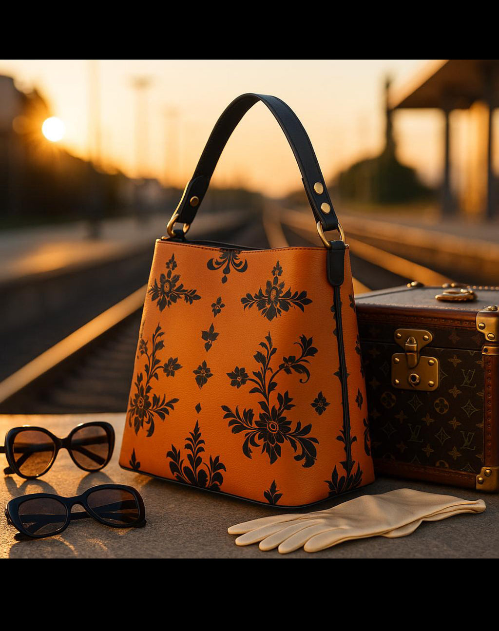 Orange baroque bucket bag with black floral pattern and black handle styled with sunglasses and gloves