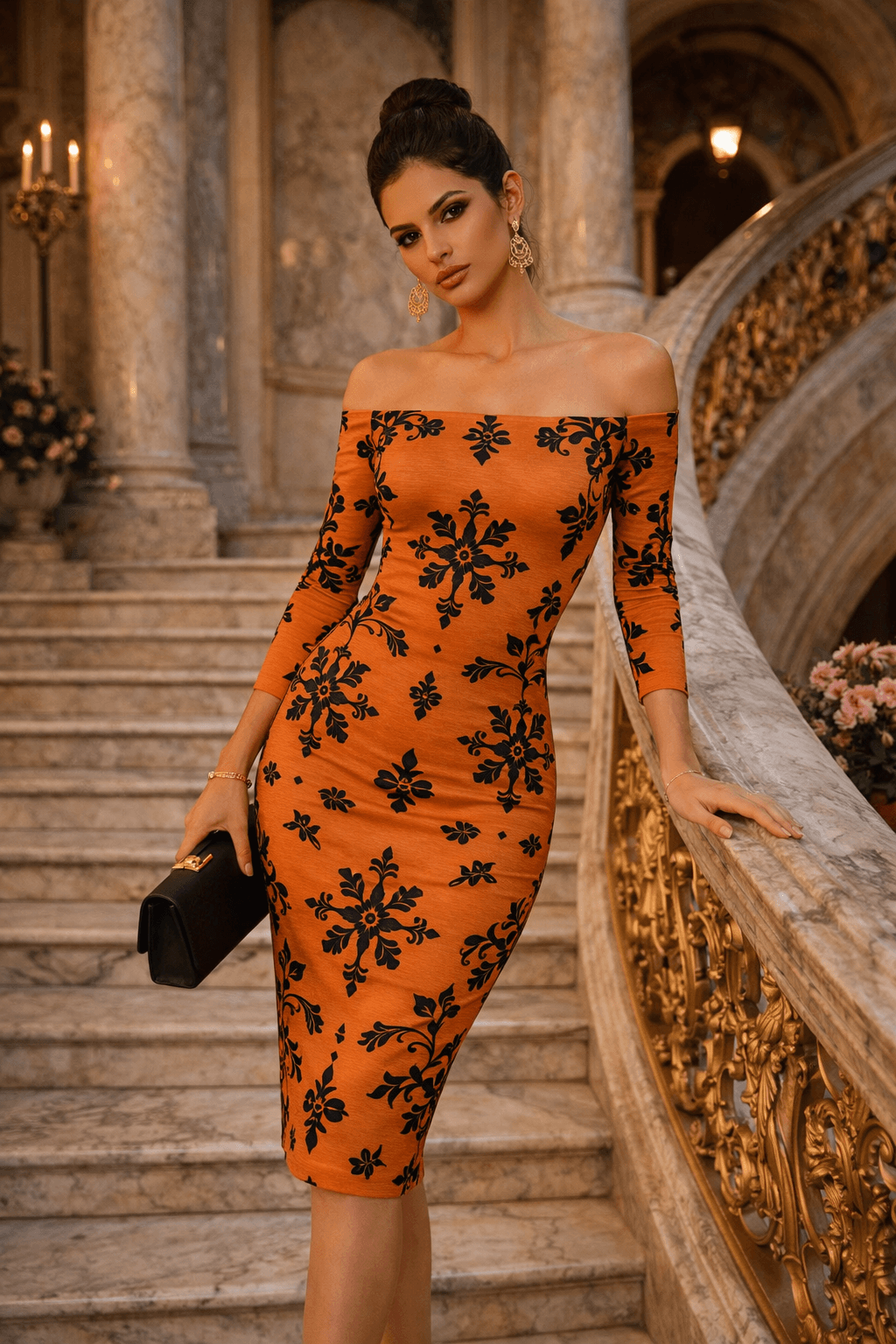 Luxury orange floral bodycon evening dress with elegant off shoulder neckline