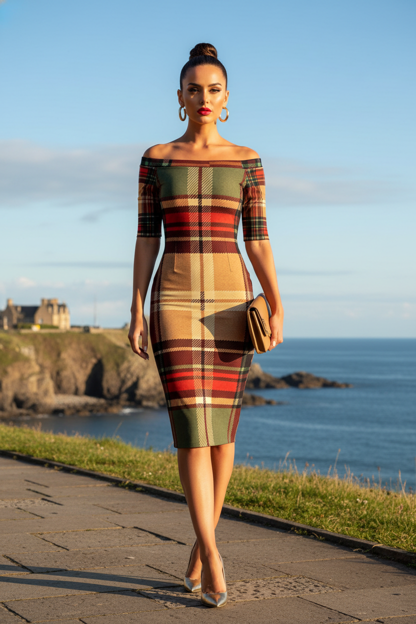 Luxury tartan business midi dress for office to evening transition styling