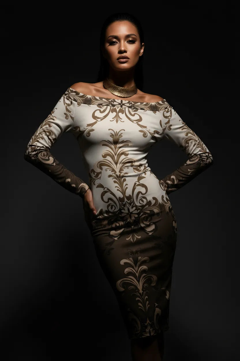 Luxury women’s midi dress with baroque-inspired print, off-the-shoulder neckline, and elegant long sleeves