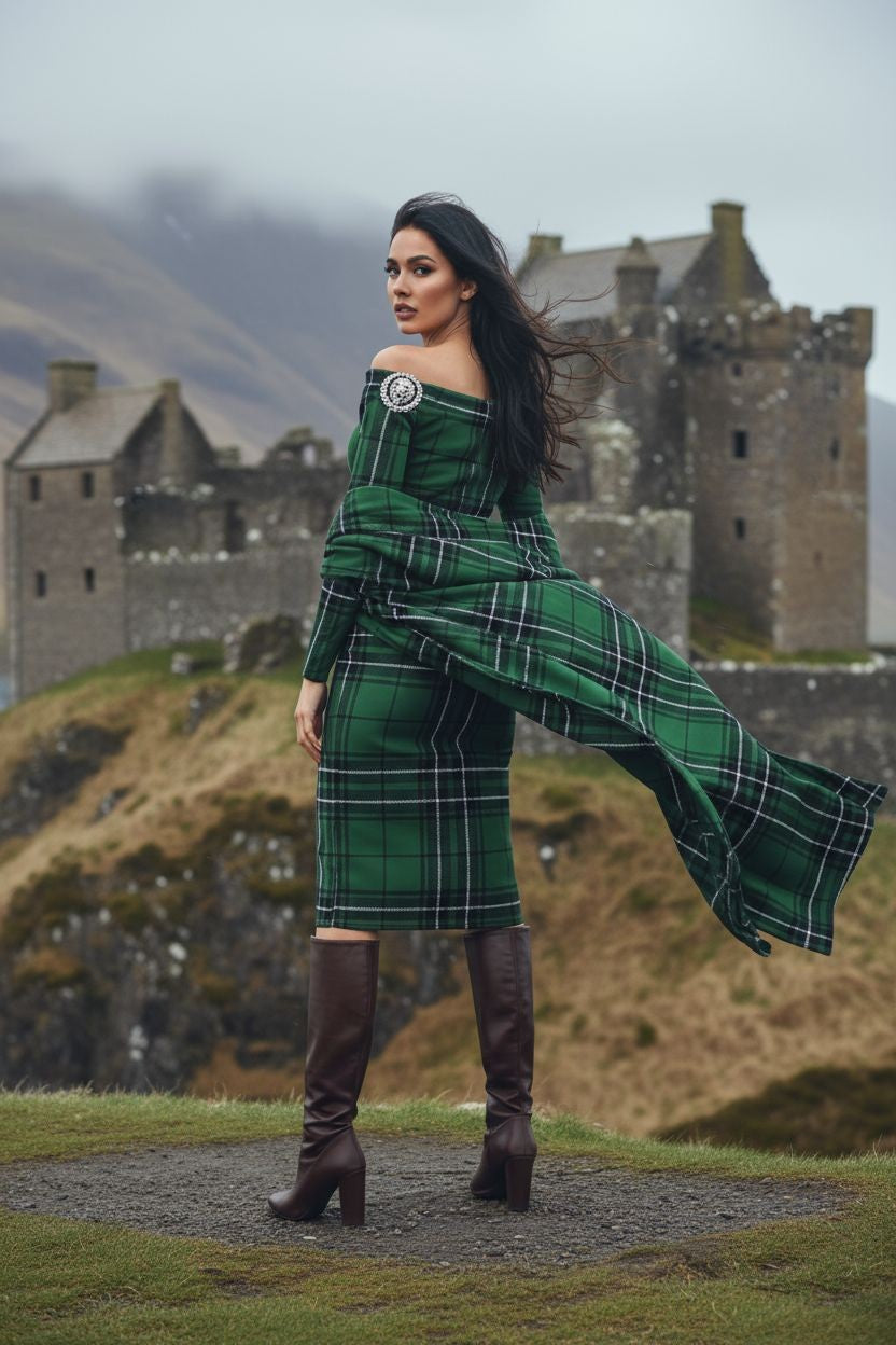 Mac Lean Clan Tartan Dress, Off Shoulder Midi Dress by Angelic Blessings - Angelic Blessings