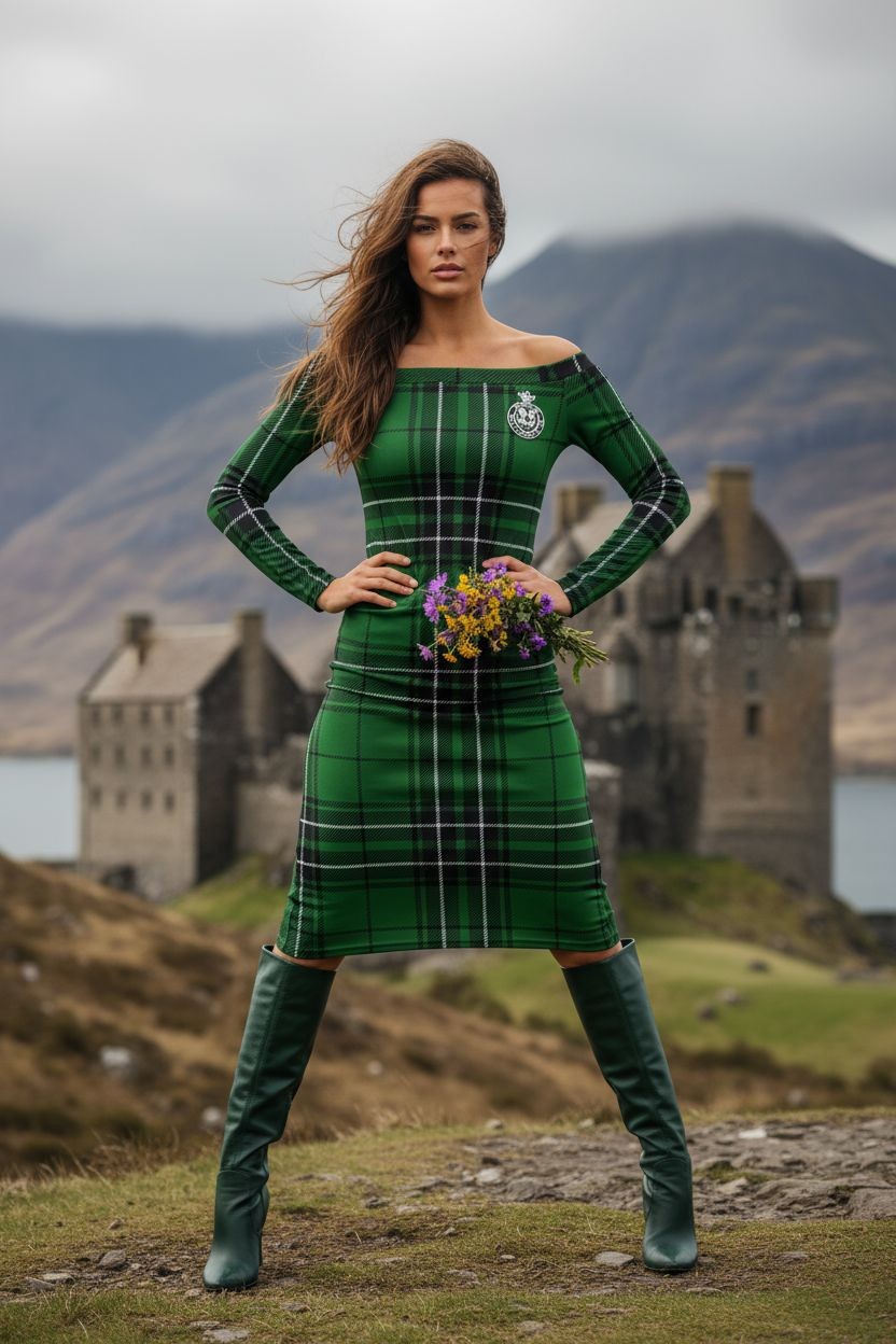 Mac Lean Clan Tartan Dress, Off Shoulder Midi Dress by Angelic Blessings - Angelic Blessings