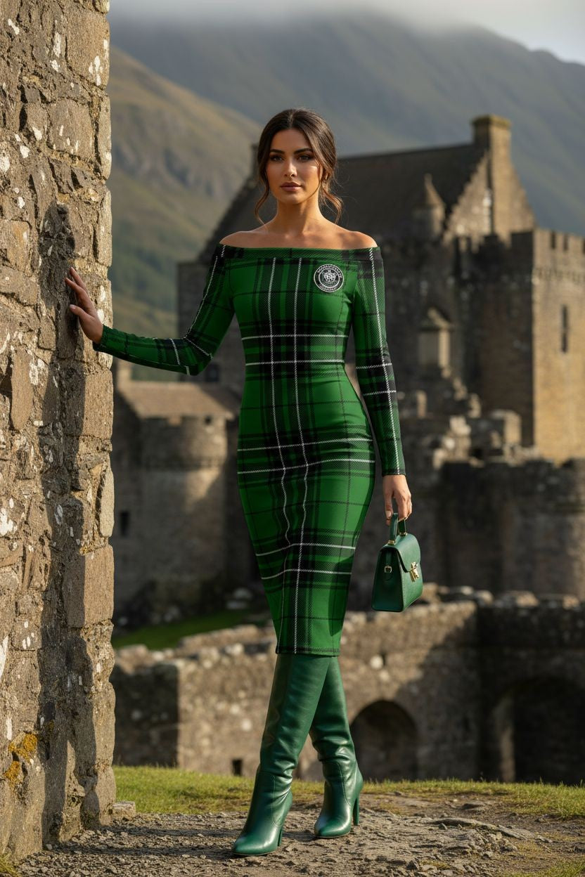 Mac Lean Clan Tartan Dress, Off Shoulder Midi Dress by Angelic Blessings - Angelic Blessings
