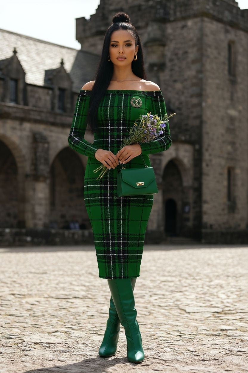 Mac Lean Clan Tartan Dress, Off Shoulder Midi Dress by Angelic Blessings - Angelic Blessings