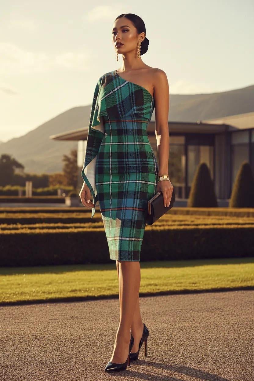 MacKenzie Clan tartan one shoulder evening dress front view, old money aristocratic style, feminine power silhouette