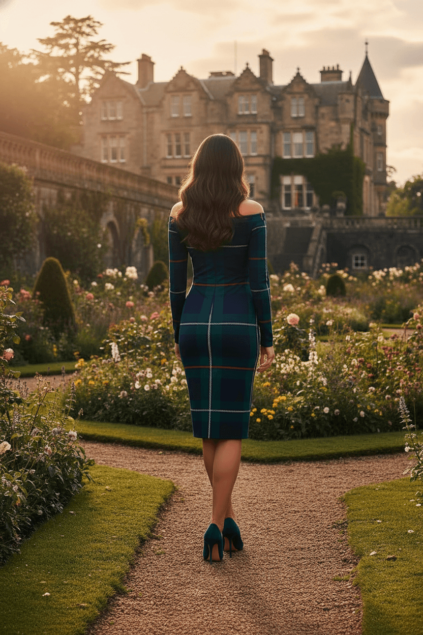 Green MacKenzie clan tartan wrap dress fitted midi off-shoulder elegant