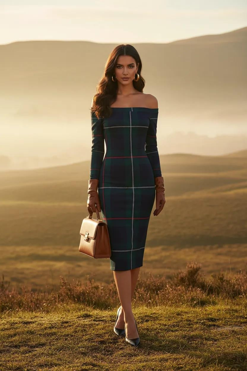 Navy off-shoulder MacKenzie clan tartan wrap dress bodycon fit