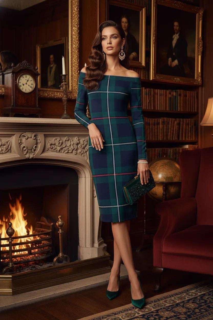 Dark green MacKenzie clan tartan wrap dress off shoulder fitted midi
