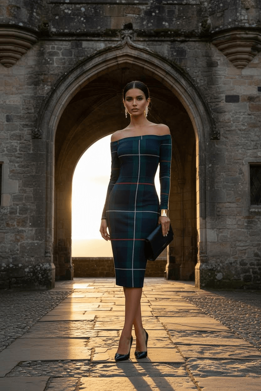 Green MacKenzie clan tartan wrap dress off shoulder fitted silhouette