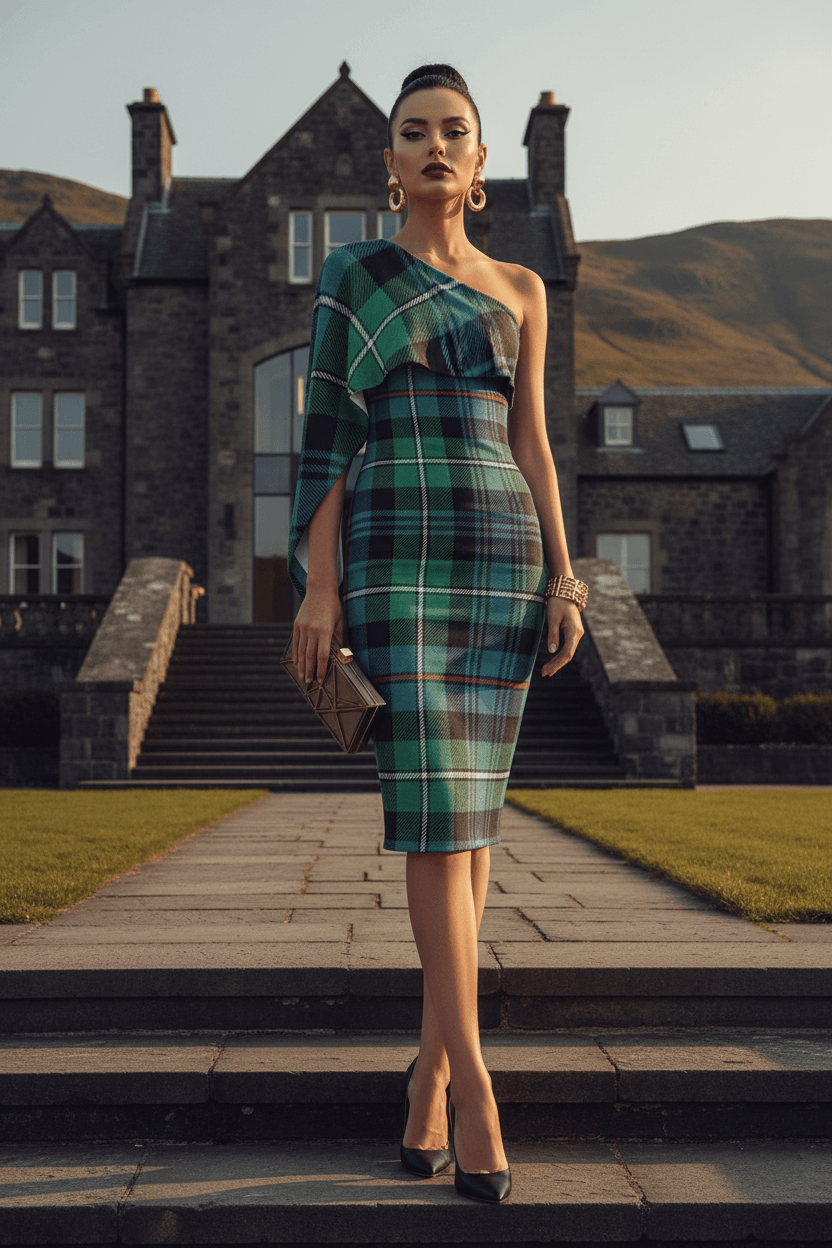 Back view of MacKenzie Clan tartan one shoulder midi dress, quiet luxury and elegant authority