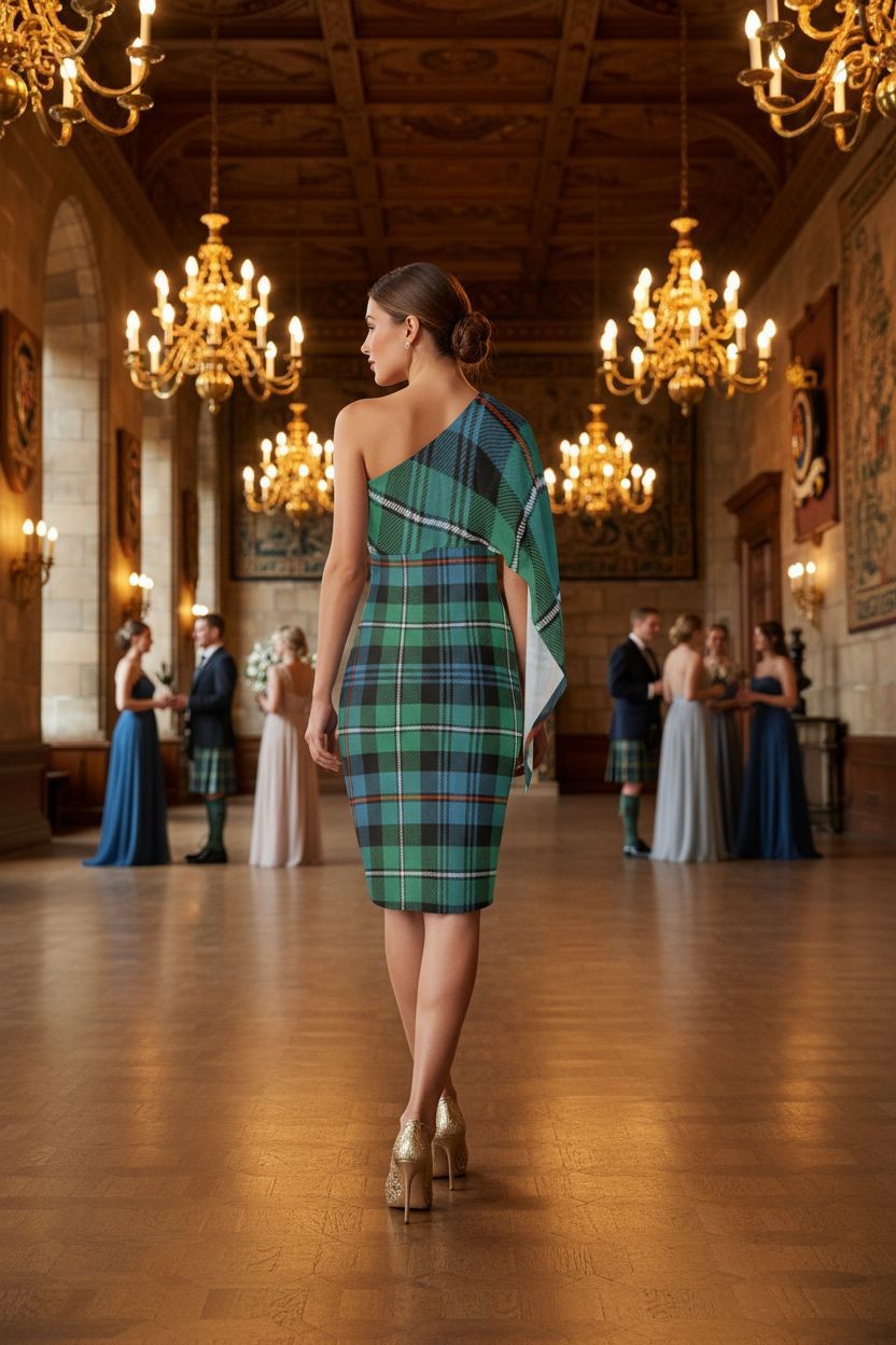 Woman wearing a MacKenzie tartan evening dress in a grand hall with chandeliers and guests in formal attire