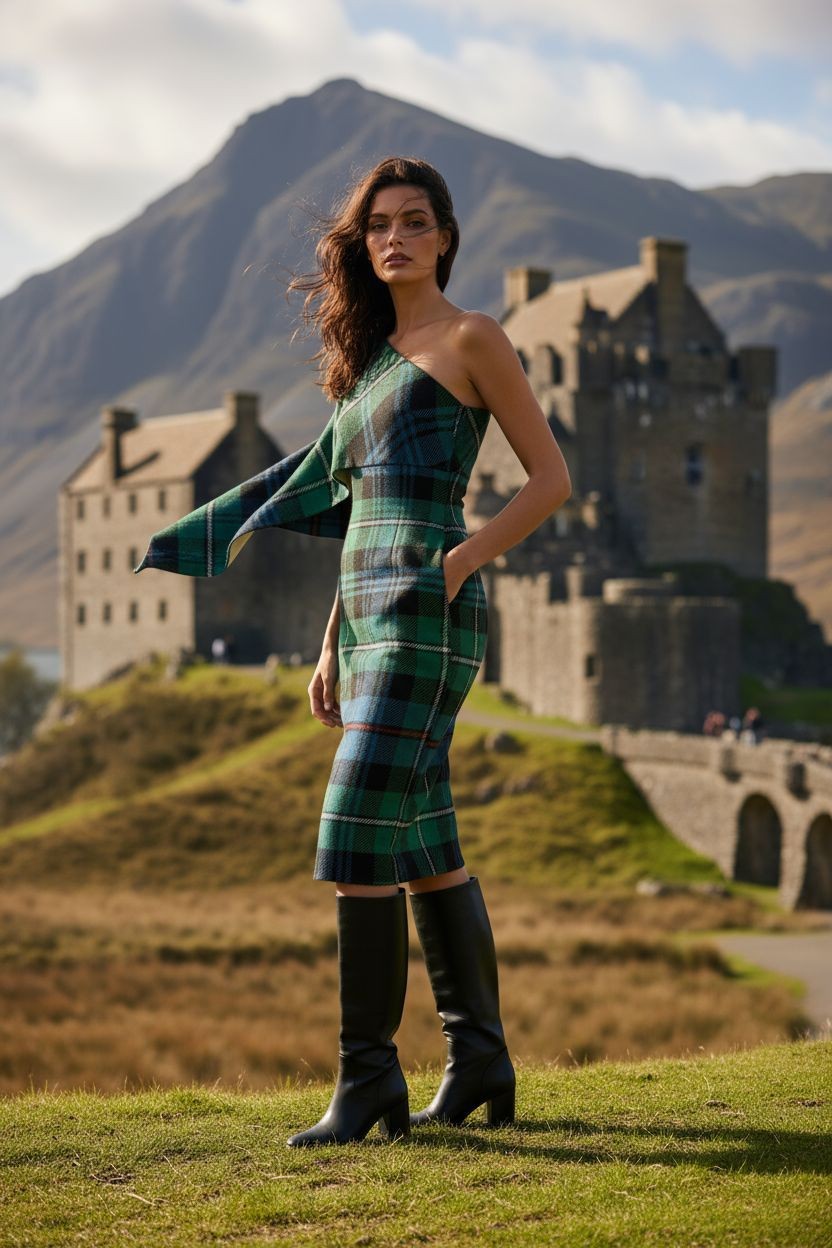 Woman wearing MacKenzie tartan evening dress posing outdoors near a historic stone castle