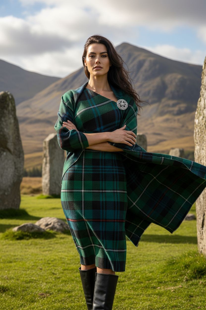 Woman wearing MacKenzie tartan evening dress by Angelic Blessings Shop in scenic outdoor setting
