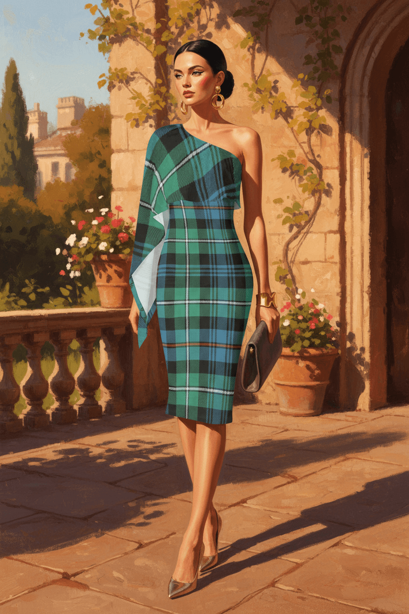 Romantic MacKenzie tartan one shoulder evening dress with refined feminine silhouette