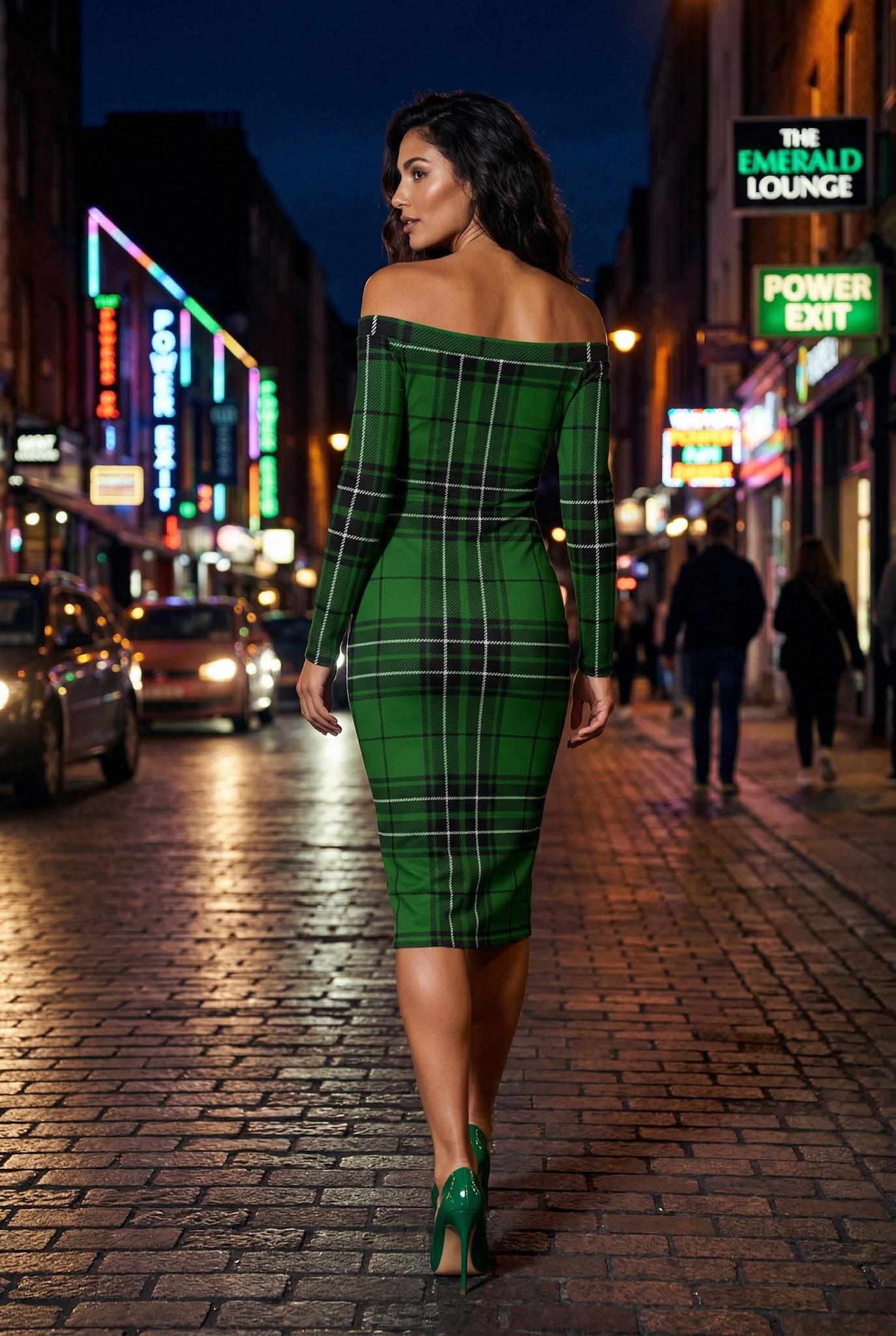 MacLean Clan Tartan off-the-shoulder dress elegant evening outfit stylish green plaid