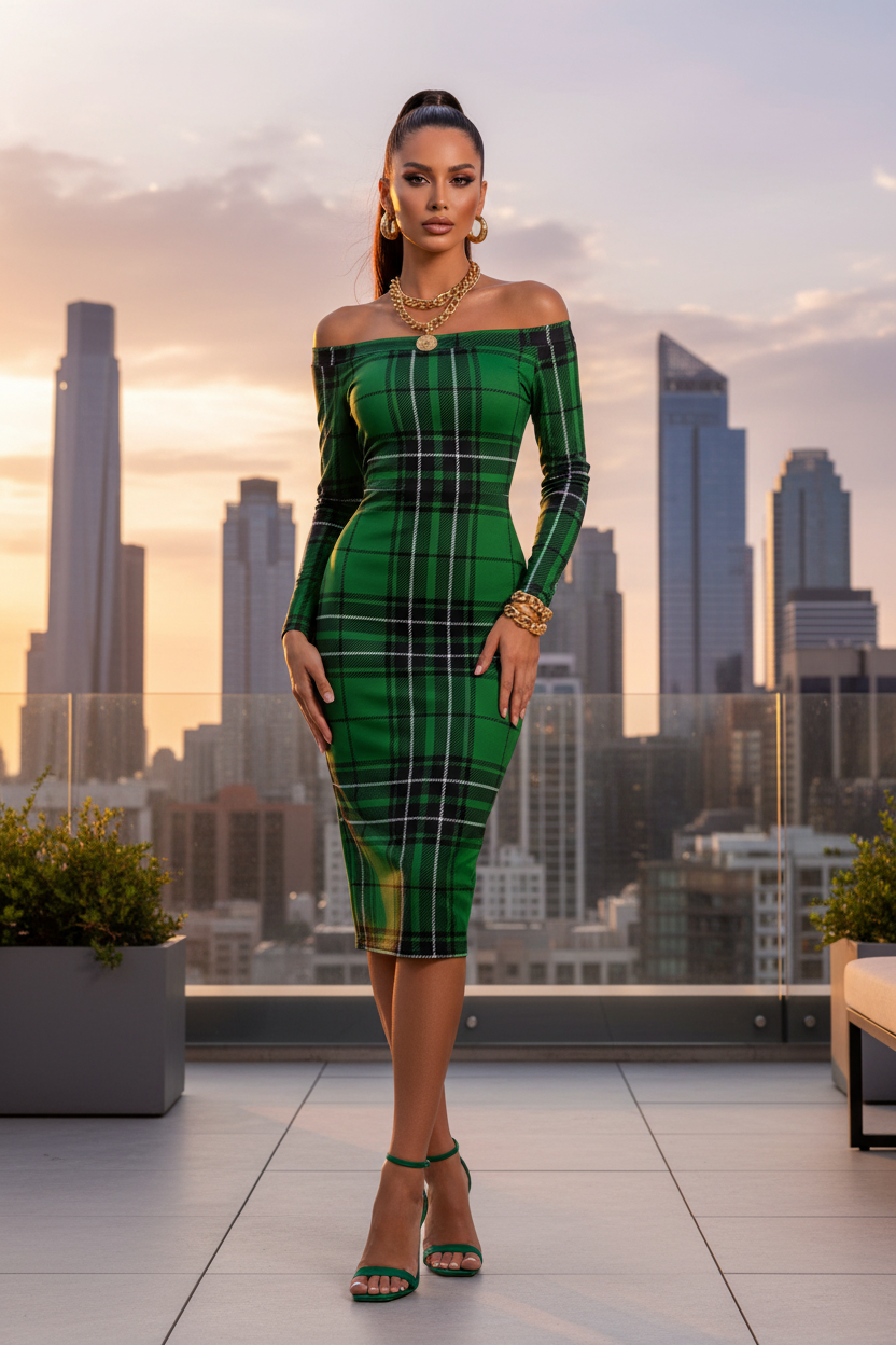 MacLean Clan Tartan off-the-shoulder dress elegant evening outfit with green plaid pattern