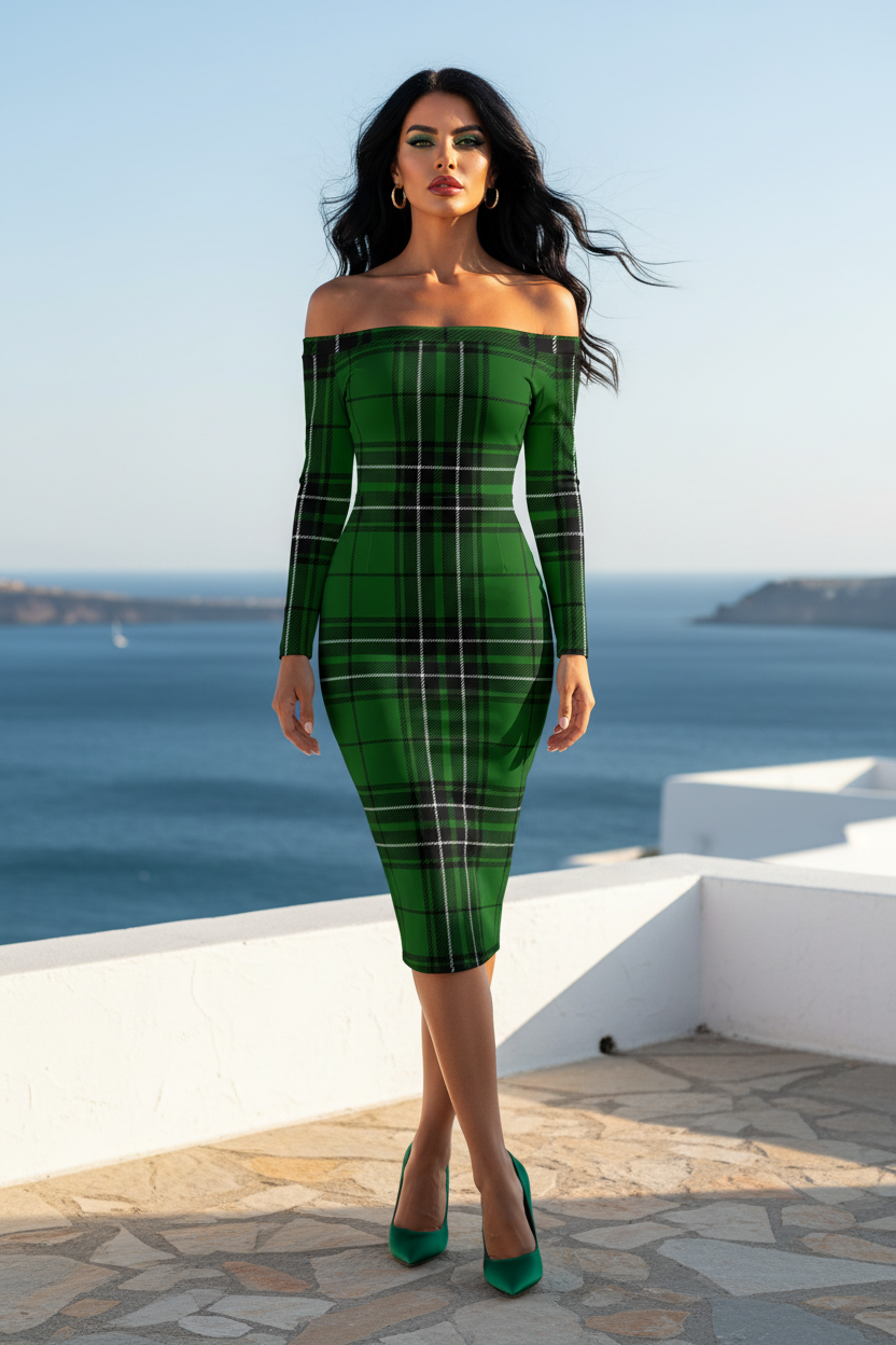 MacLean Clan Tartan Off-The-Shoulder Dress Elegant Evening Outfit Green Plaid