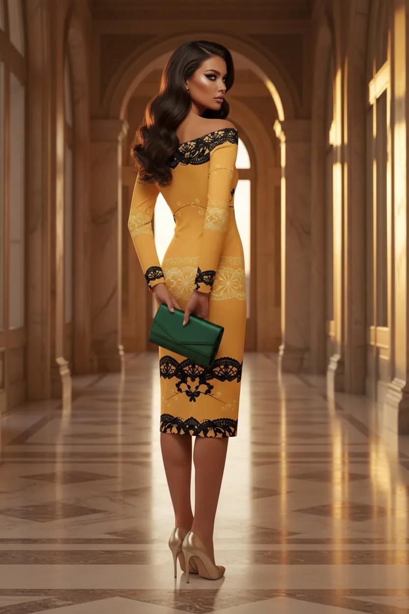 Made to order crème and black luxury midi dress elegant baroque styling