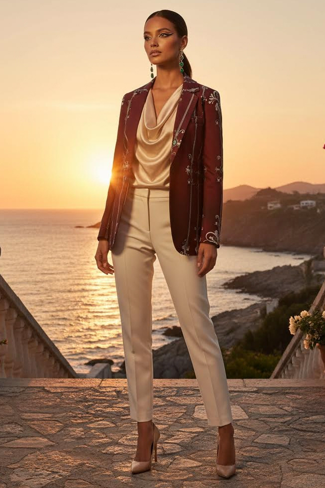 Women's Blazer Clothing Elegant Evening Outfit with Embroidered Details and Satin Blouse