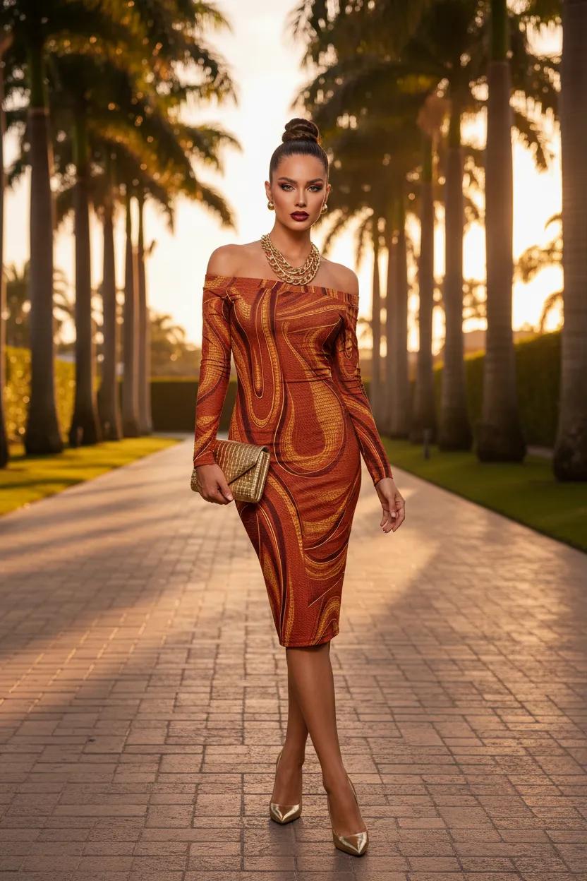 Brown gold bodycon midi dress women elegant Miami rooftop evening outfit