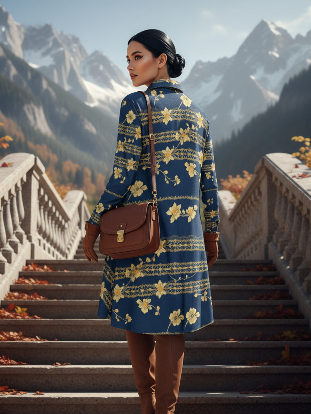 Woman wearing navy blue floral high neck dress with yellow flowers standing on outdoor stone stairs