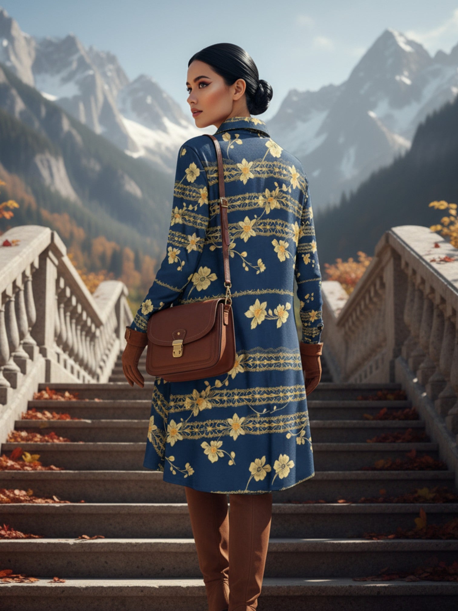 Woman wearing navy blue floral high neck dress with yellow flowers standing on outdoor stone stairs