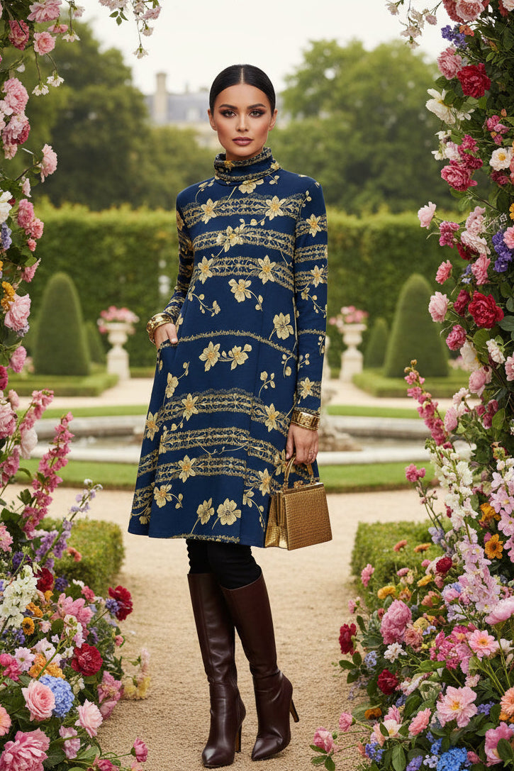 Angelic Blessings Shop navy blue floral high neck dress worn with brown boots and handbag in garden setting