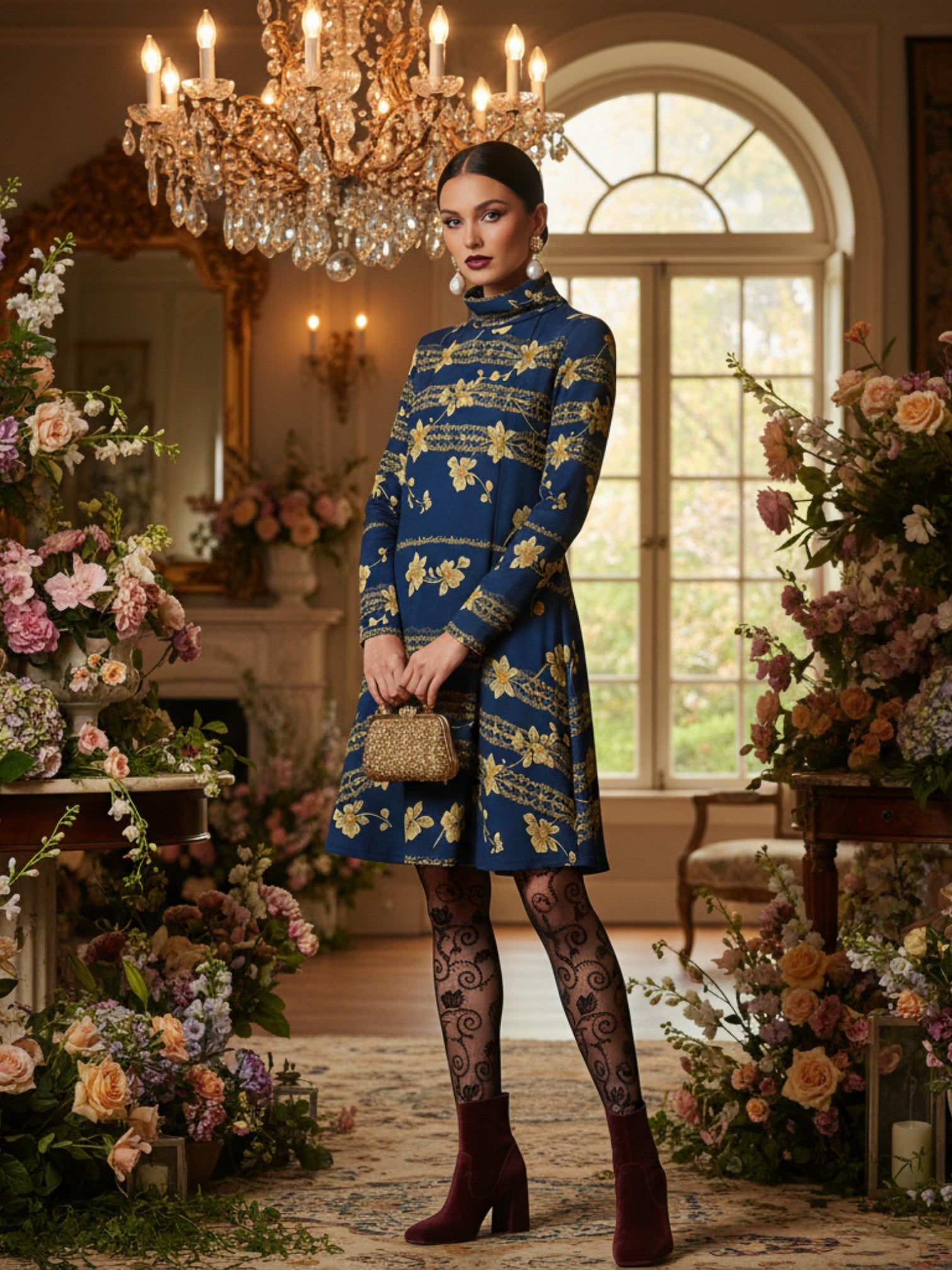 Navy Blue with Golden Floral Lace Print High Neck Dress – Elegant Fall Fashion by Angelic Blessings Shop