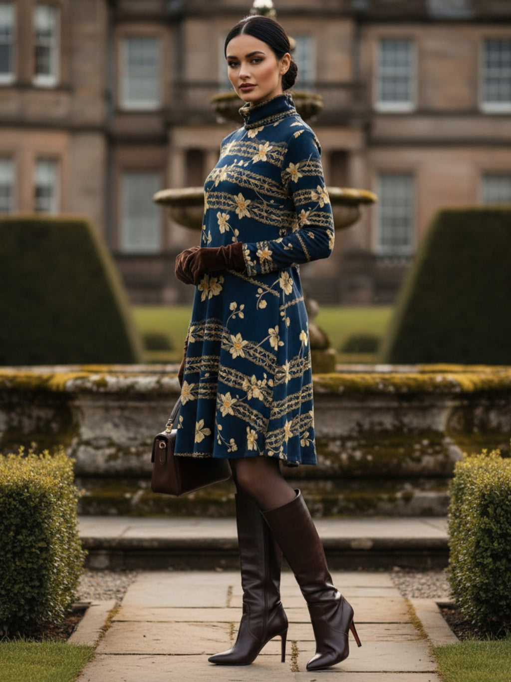 Navy blue floral high neck dress from Angelic Blessings Shop worn with brown boots and gloves