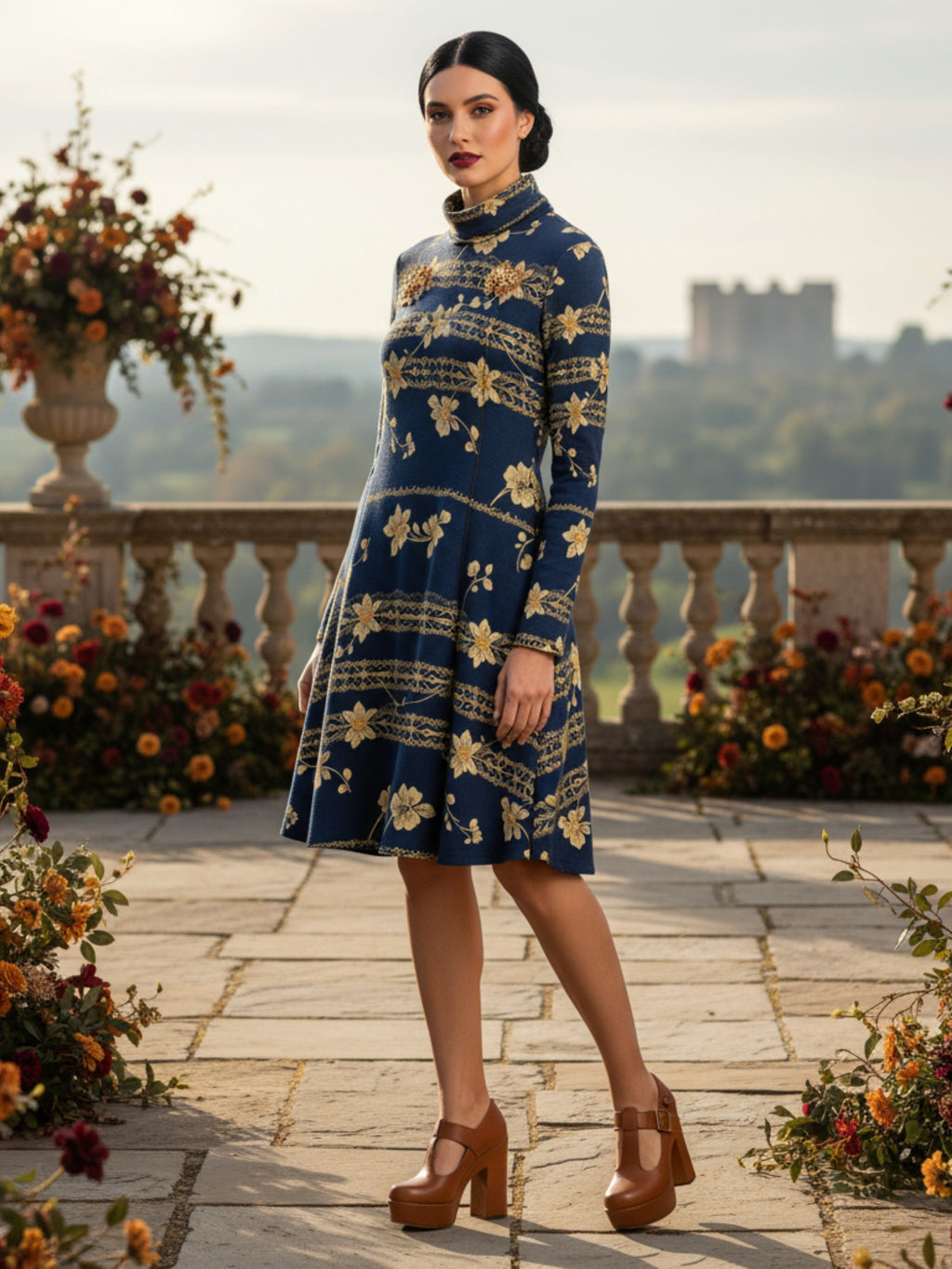 Navy blue floral high neck dress from Angelic Blessings Shop featuring long sleeves and an elegant fit