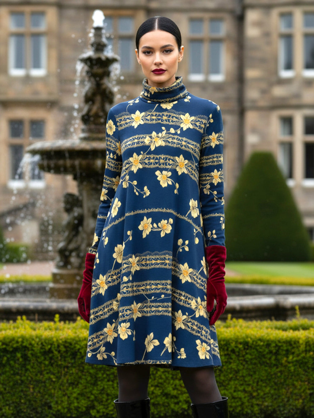 Navy blue floral high neck dress with long sleeves and yellow flower pattern by Angelic Blessings Shop