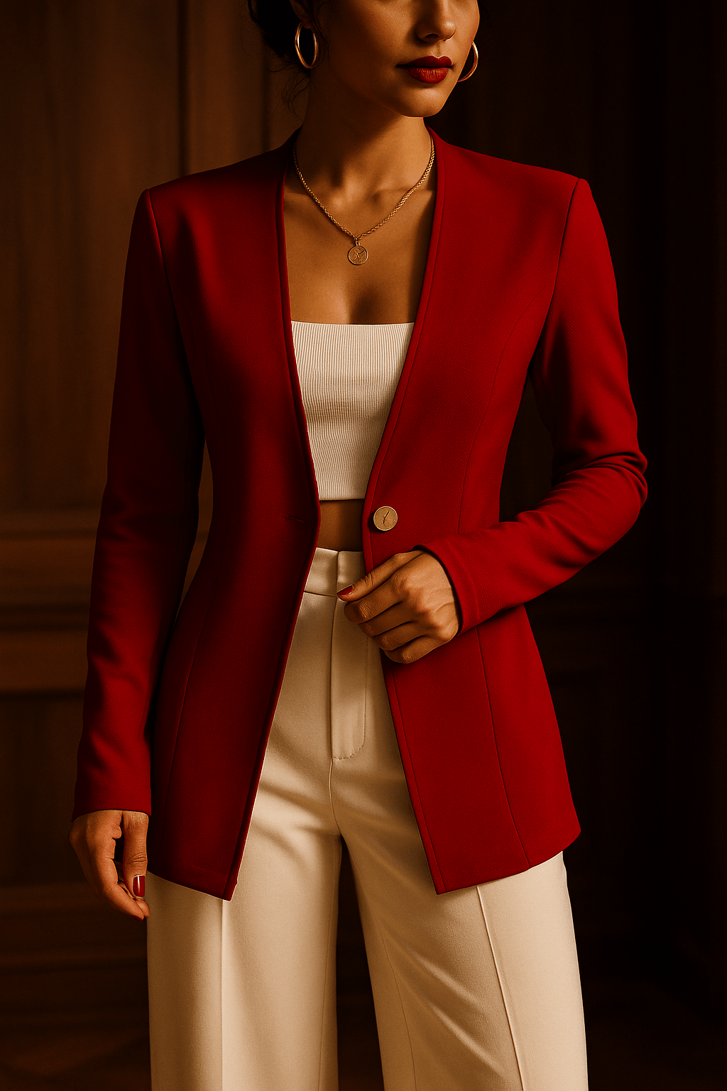 Red slim fit blazer for women – elegant tailored one-button jacket by Angelic Blessings
